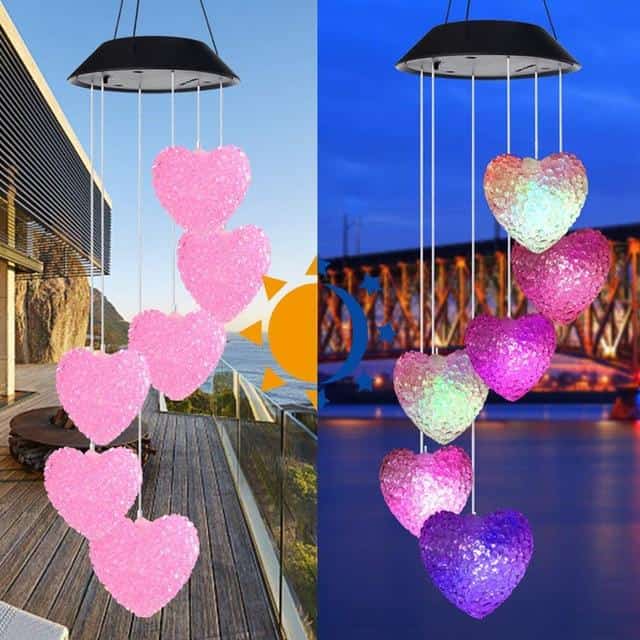 Lampara Solar Colgante - Carillon Los 6 Corazones Rosa