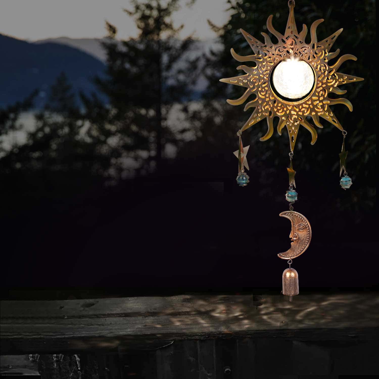 Lampara Solar Colgante - Carillon Sol Lunar Estrellado